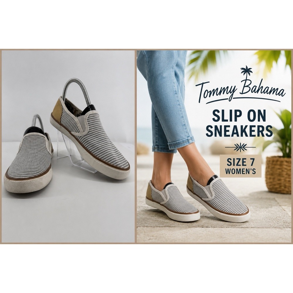 Tommy Bahama Slip On Sneakers Women's 7 Gray Stripe Canvas Loafer Casual Shoes